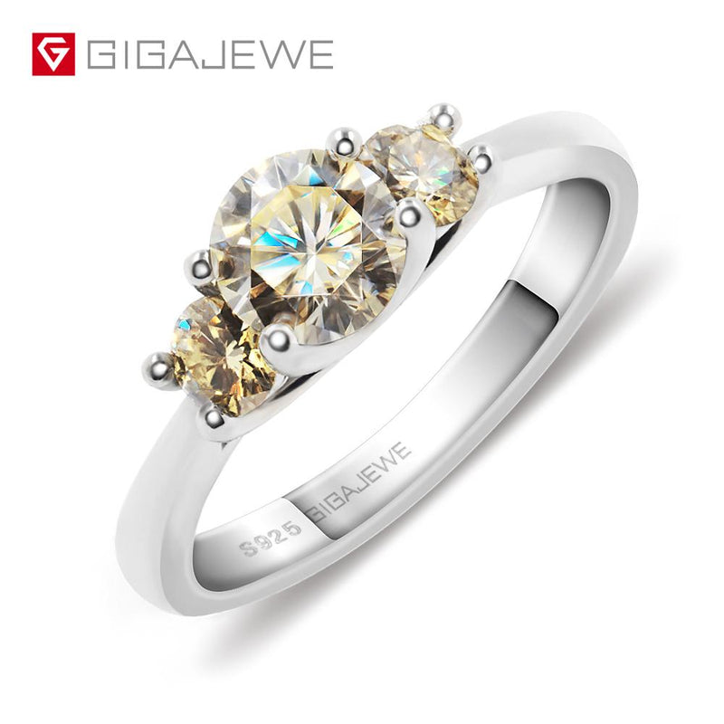 GIGAJEWE Moissanite 1ct 5.5mm+2X3.5mm Round Cut Yellow Color 925 Silver Ring Gold Multi-layer Plated