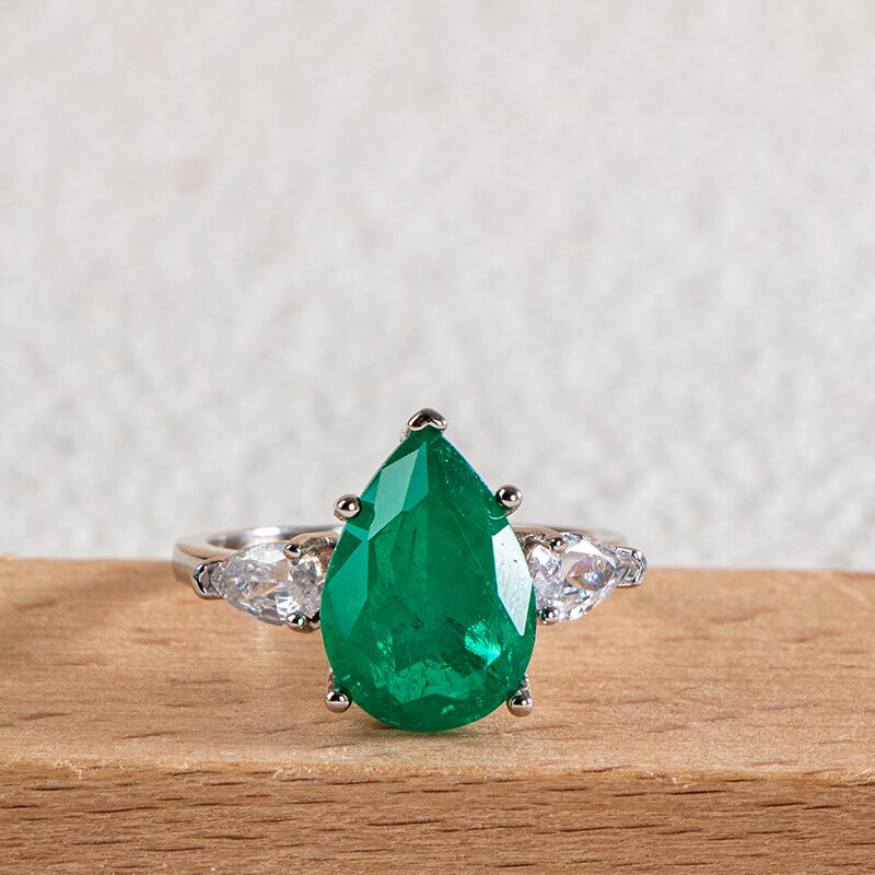 Sterling Silver Water Drop Emerald Ring for Women