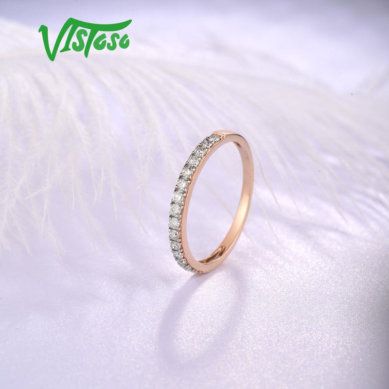 VISTOSO Genuine 14K 585 Rose Gold Sparkling Diamond Ring