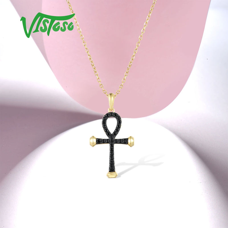 14K Yellow Gold Black Diamond Cross Pendant for Women