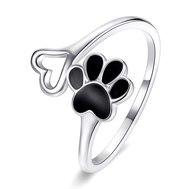 925 Sterling Silver Black Zircon Dog Paw Open Ring for Women