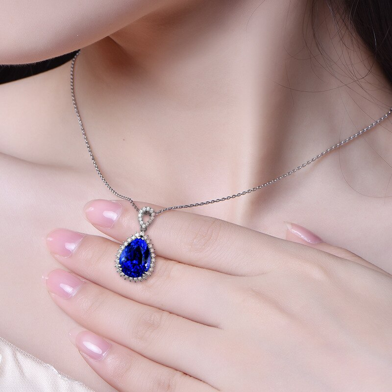 Bague Ringen Luxury Water Drop Shaped Sapphire Pendant Necklace 925 Sterling Silver