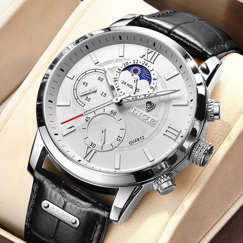 Stainless Steel Black Leather Waterproof Chronograph Watch for Men