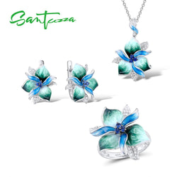 SANTUZZA 925 Sterling Silver Handmade Elegant Blue Green Flower Earrings Pendant & Ring Jewelry Set