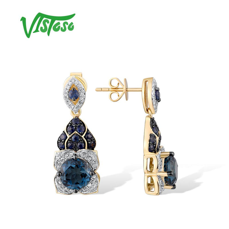 14K Yellow Gold Diamond and London Blue Topaz Sapphire Drop Earrings for Women