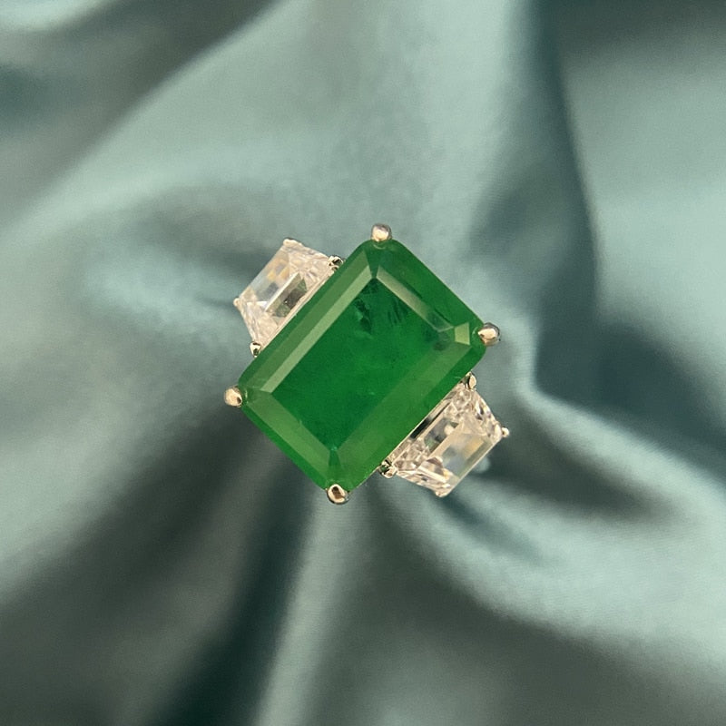 OEVAS Luxury Created Moissanite Emerald Gemstone Ring 925 Sterling Silver