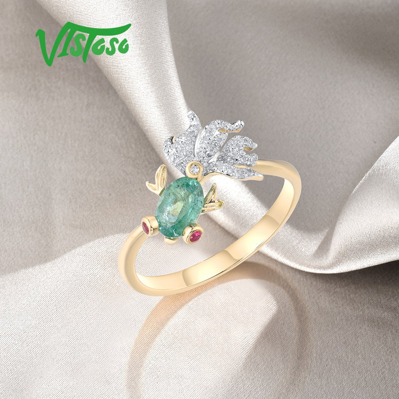 14K Gold Natural Emerald Ruby Diamond Fish Ring For Woman