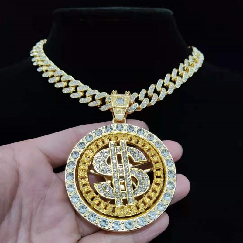 Silver Iced Out Bling Rotatable Dollar Pendant Necklace with 13mm Crystal Cuban Chain for Men