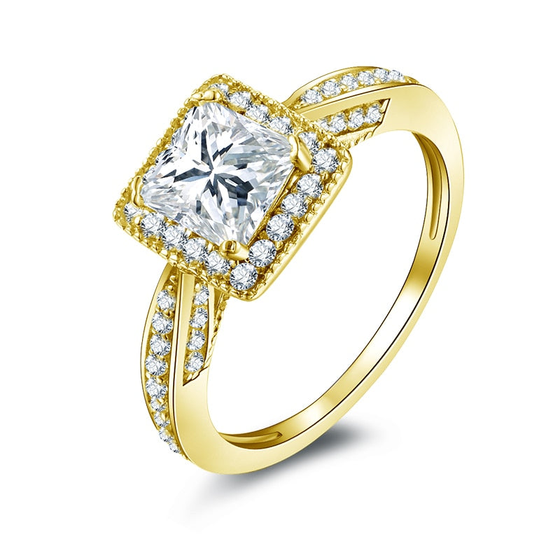 Women 14k Solid Yellow Gold Wedding Rings Princess Cut Simulated Diamond Halo Engagement Ring Fine Jewelry