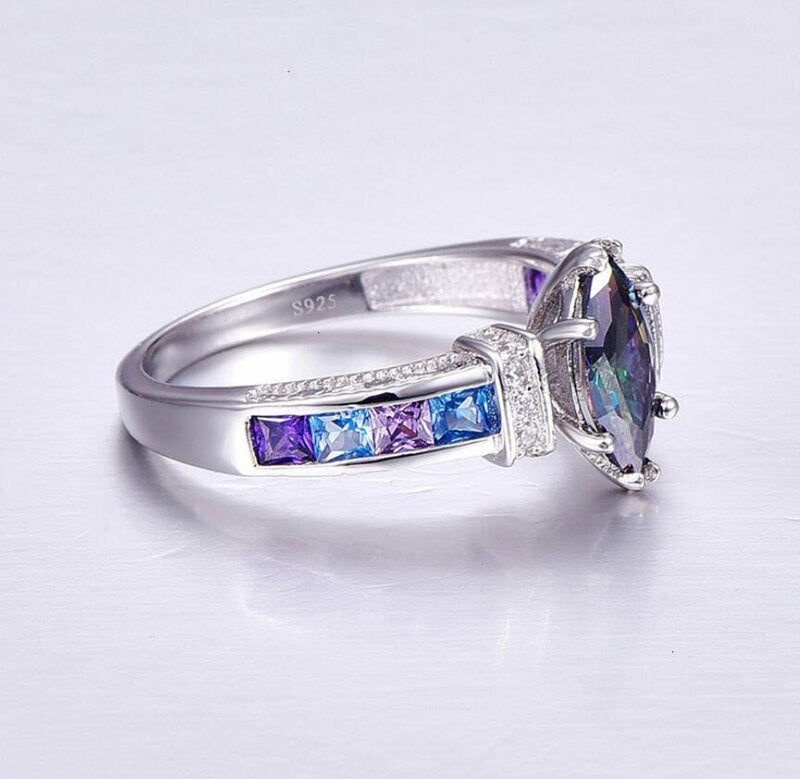 YANHUI Oval Rainbow Mystic Topaz Zircon Gemstones Ring 925 Sterling Silver