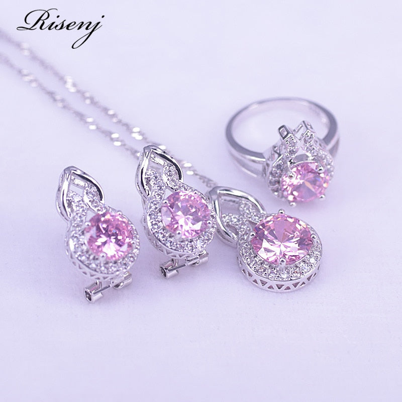 925 Sterling Silver Pink Diamond Jewelry Set for Women