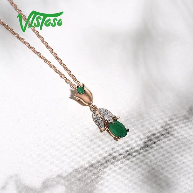 VISTOSO Pure 14K 585 Rose Gold Flower Natural Emerald Sparkling Diamond Pendant