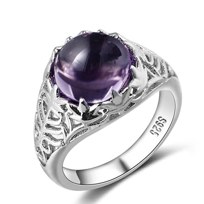 PANSYSEN Vintage Style Round Purple Amethyst Ring 925 Sterling Silver