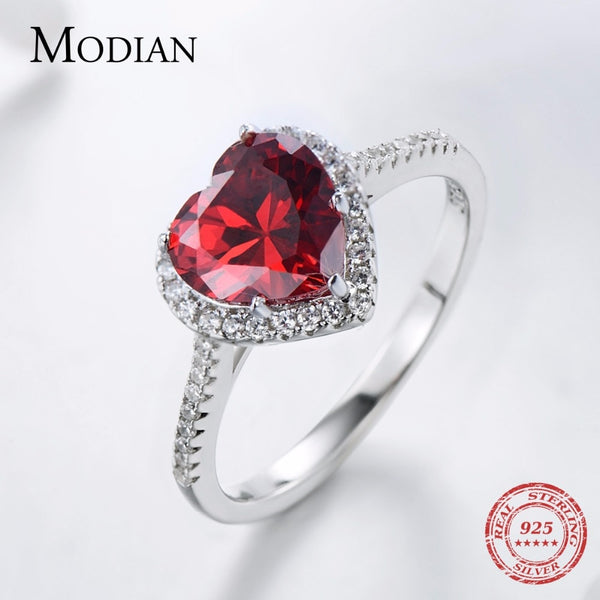 925 Sterling Silver Red Heart Ring with 5A CZ Zirconia for Women