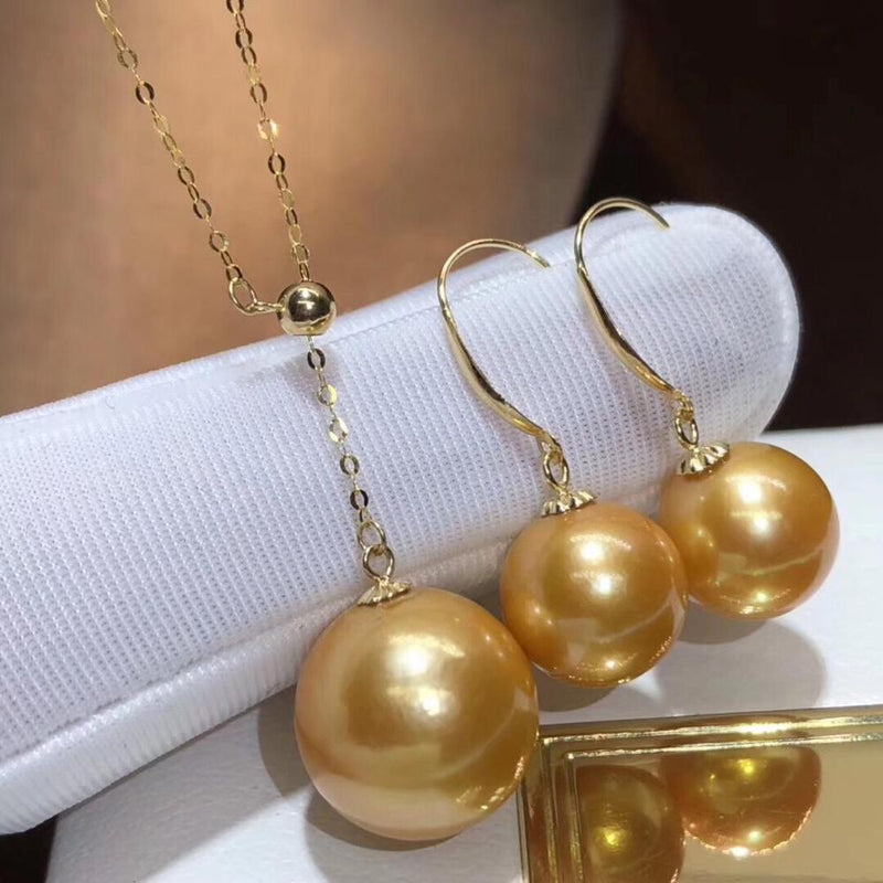 18K Yellow Gold Natural Golden Pearl Set for Women