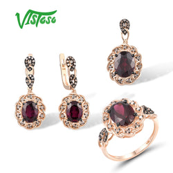 VISTOSO 14K 585 Rose Gold Jewelry Set For Women Rhodolite Garnet Brown Diamond Earrings Ring Pendant Set Elegant Fine Jewelry