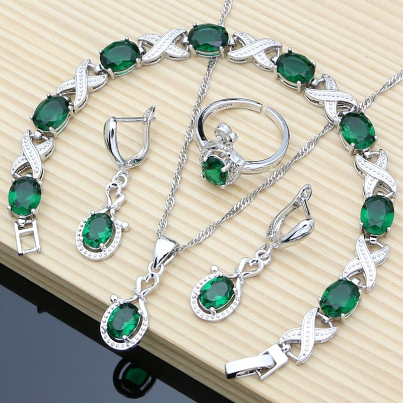 Sterling Silver Olive Green Topaz Earrings, Bracelet & Necklace Set for Women