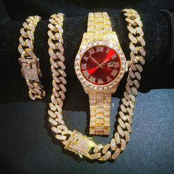 Gold Iced Out Watch with Cuban Link Chain Bracelet Necklace Choker  for Men