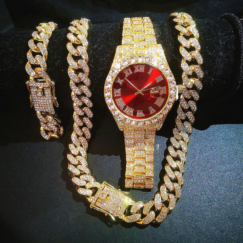 Gold Iced Out Watch with Cuban Link Chain Bracelet Necklace Choker  for Men