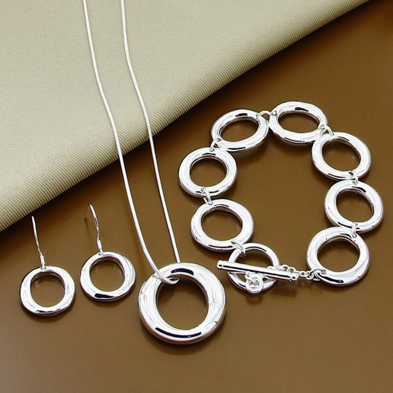 Silver O Shape Necklace, Bracelets, Open Rings, and Earrings Set for Women