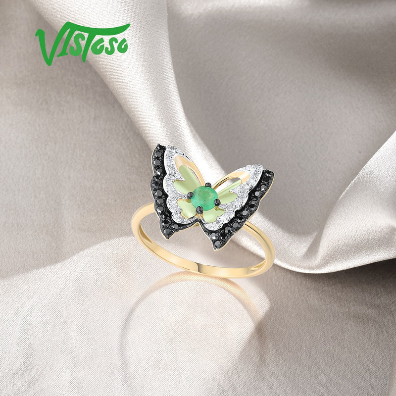 14K Yellow Gold Natural Emerald and Diamond Butterfly Ring for Woman