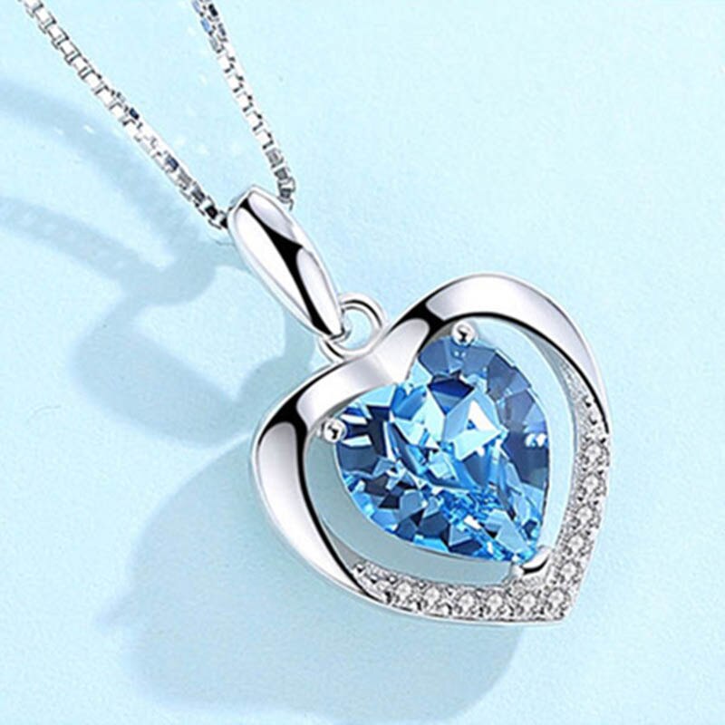 BIJOX STORY Fashion 925 Sterling Silver Heart-shape Sapphire Amethyst Gemstones Pendant Necklace