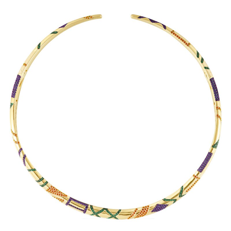 SLJELY Pure 925 Sterling Silver Luxury Yellow Gold Color Colorful Zircon Geometric Shaped Tribal Choker