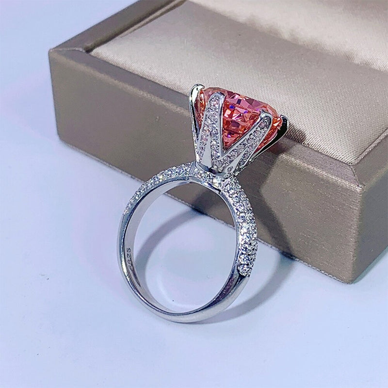 Wong Rain 925 Sterling Silver 12 MM Created Padparadscha Moissanite Gemstone Anniversary Elegant Ring For Women Fine Jewelry