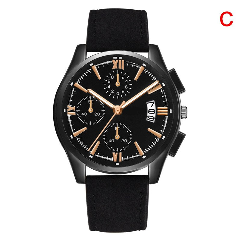Men Quartz Watch Classic PU Leather Strap Three Eyes Round Dial Business Watches A66