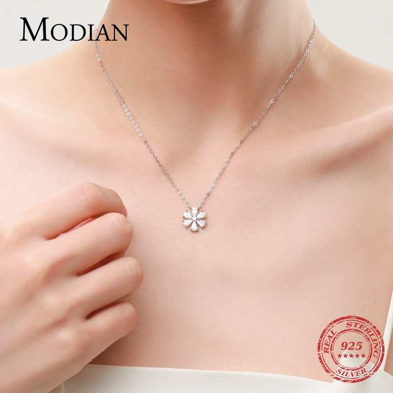 Sterling Silver Zirconia Sparkling Flower Pendant Necklace for Women