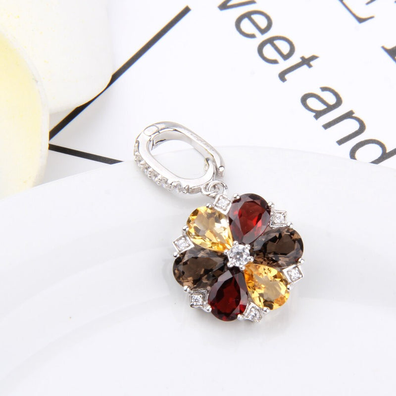 925 Sterling Silver Natural Garnet, Smoky Quartz & Citrine Gemstone Ring Earrings & Pendant Set for Her