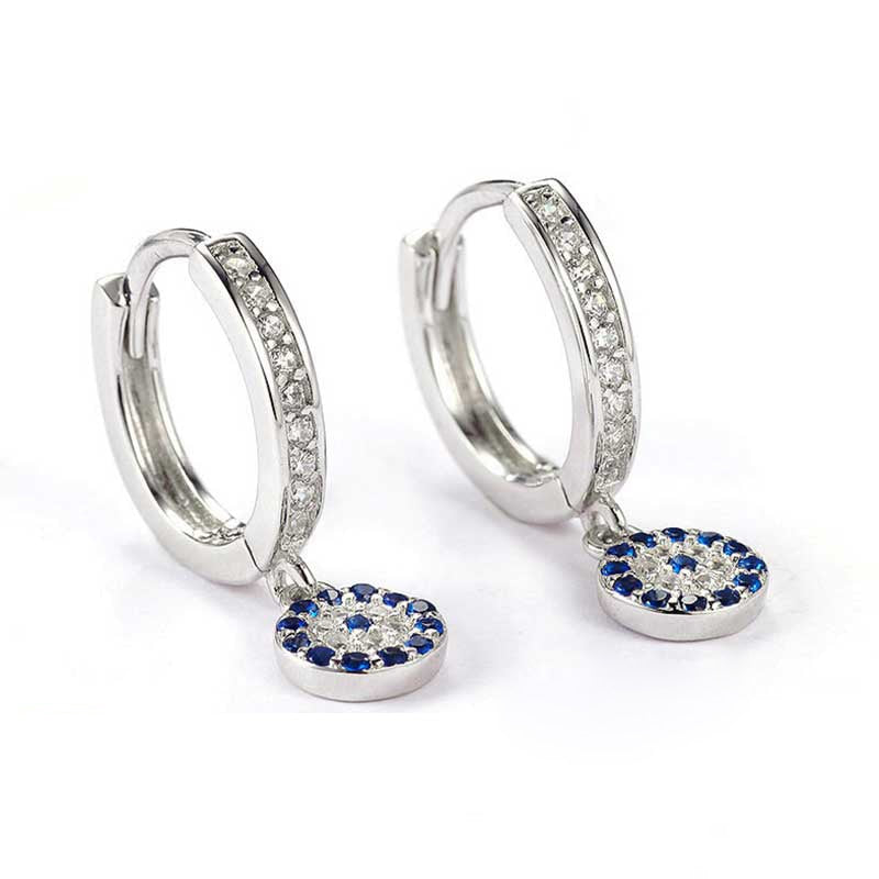 Sterling Silver Blue Zircon Evil Eye Hoop Earrings for Women