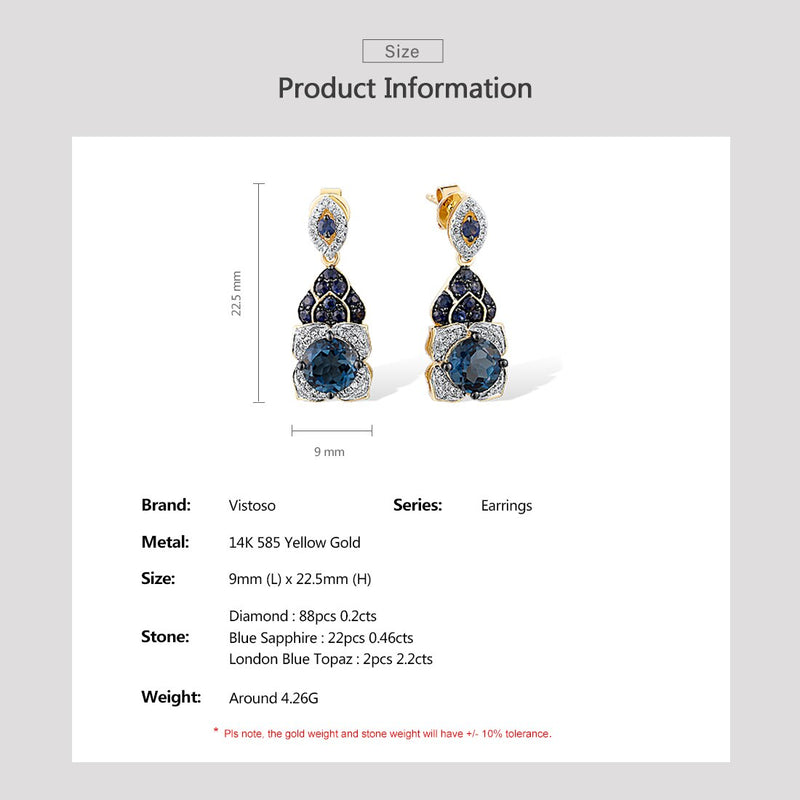 14K Yellow Gold Diamond and London Blue Topaz Sapphire Drop Earrings for Women