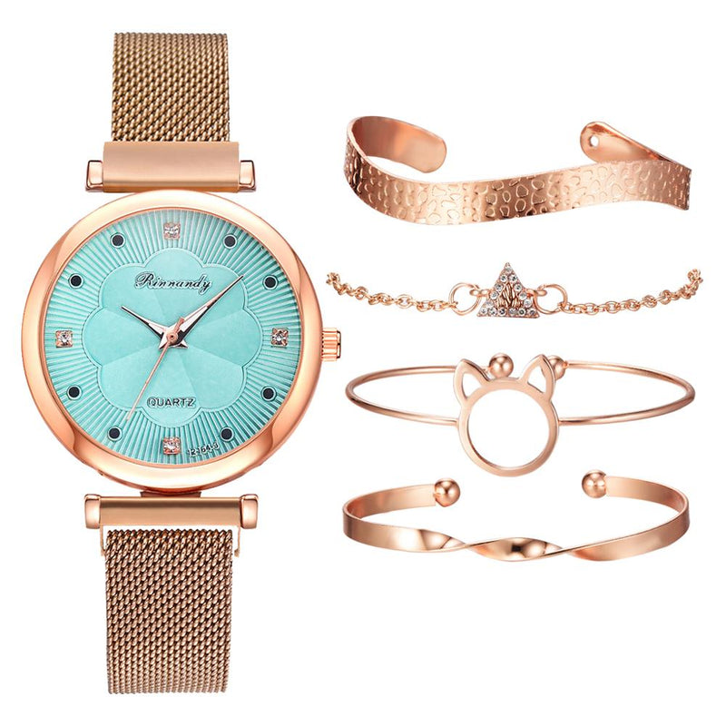 Stainless Steel Rhinestone Flower Watch Set for Women