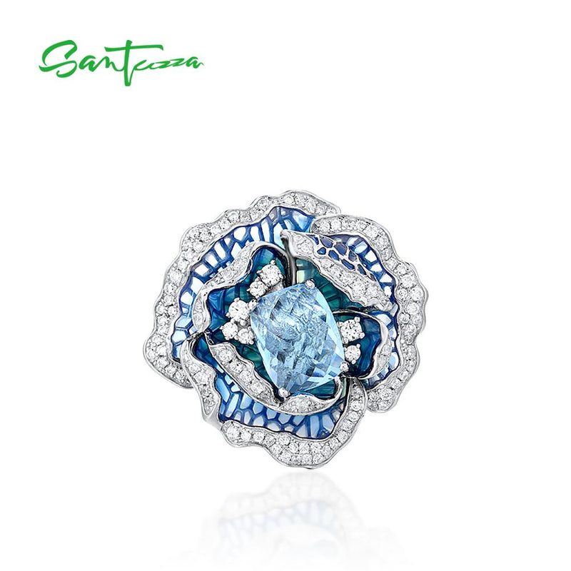 Sterling Silver Blue Flower Enamel Ring for Women