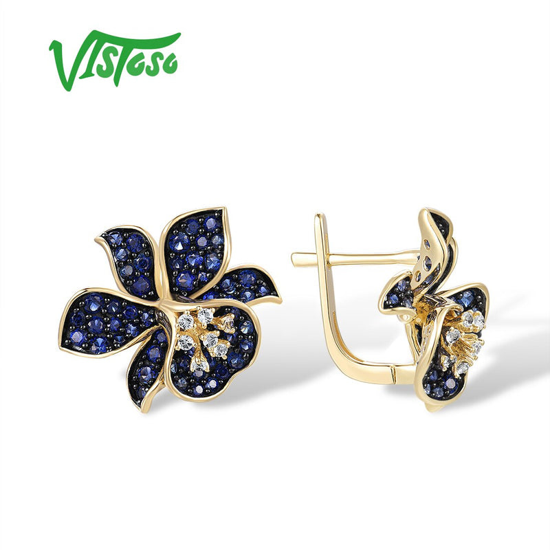 VISTOSO Gold Earrings For Women 9K 375 Yellow Gold Sparkling Lab Created Sapphire White Topaz Blue Lily Flower Fine Jewelry