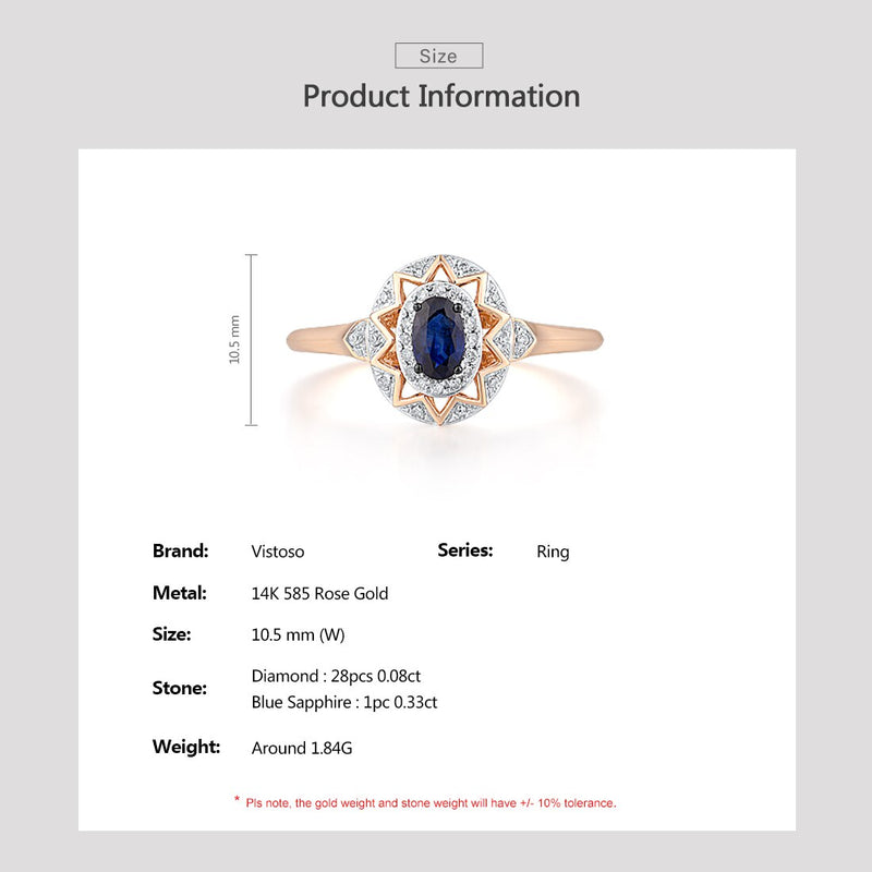 14K Rose Gold Oval Blue Sapphire Diamond Ring for Women