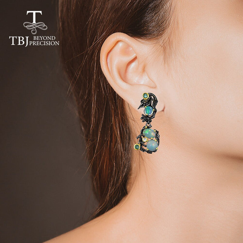 TBJ 925 Sterling Silver Vintage Tree\ Design Multi-Color Opal Ring & Earrings Jewelry Set\""