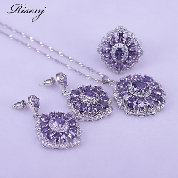 925 Sterling Silver Purple Zircon & Crystal Jewelry Set for Women