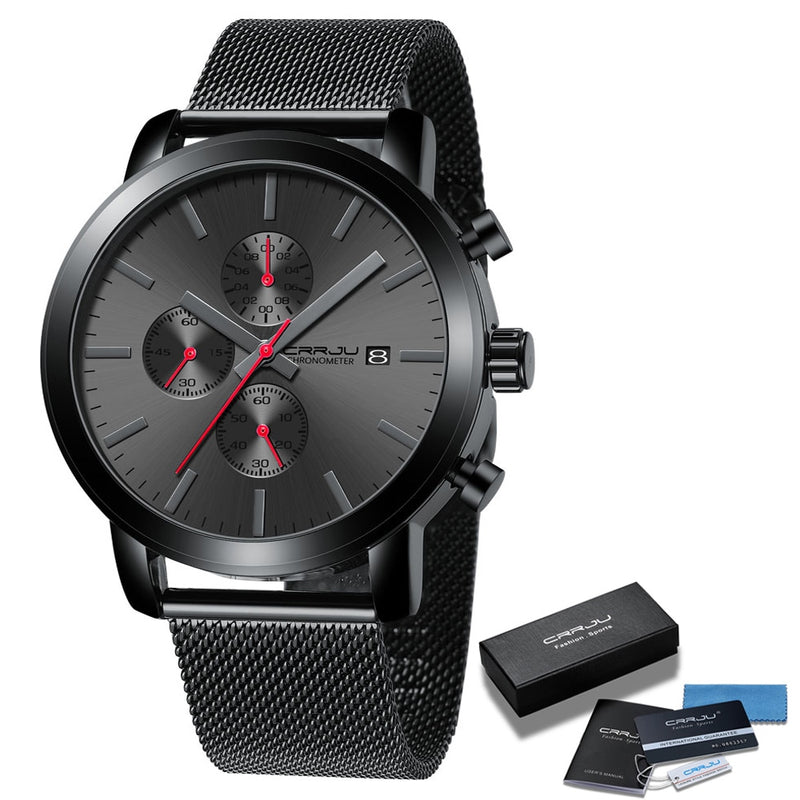 2021 CRRJU Quartz Date watch for men Luxury Brand Black Fashion Sports mens watches Waterproof Chronograph Male Clock relogio
