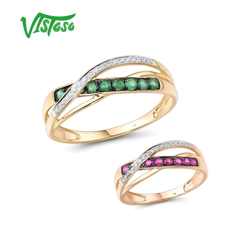 14K Yellow/Rose Gold Diamond Emerald Ruby Ring for Her