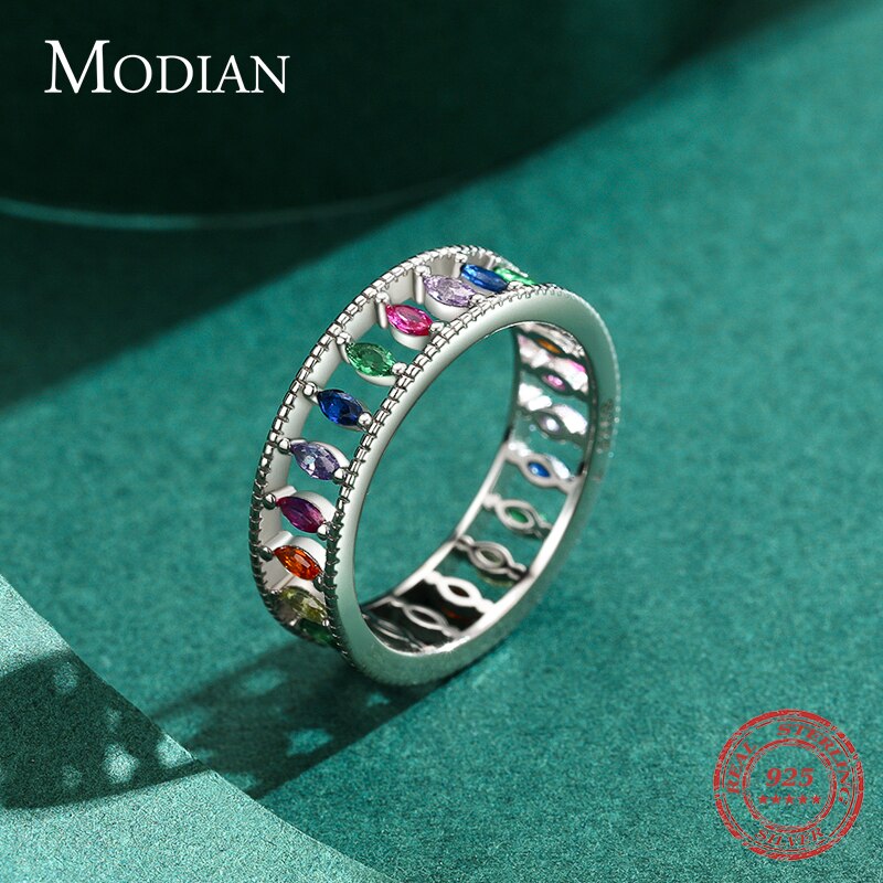 Modian 925 Sterling Silver Fashion Rainbow Colorful Stackable Ring Dazzling Rhombus Crystal Finger Rings For Women Party Jewelry