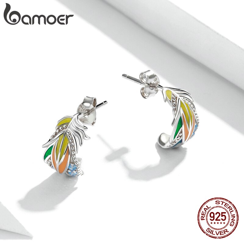 925 Sterling Silver Colored Feather Stud Earrings for Women