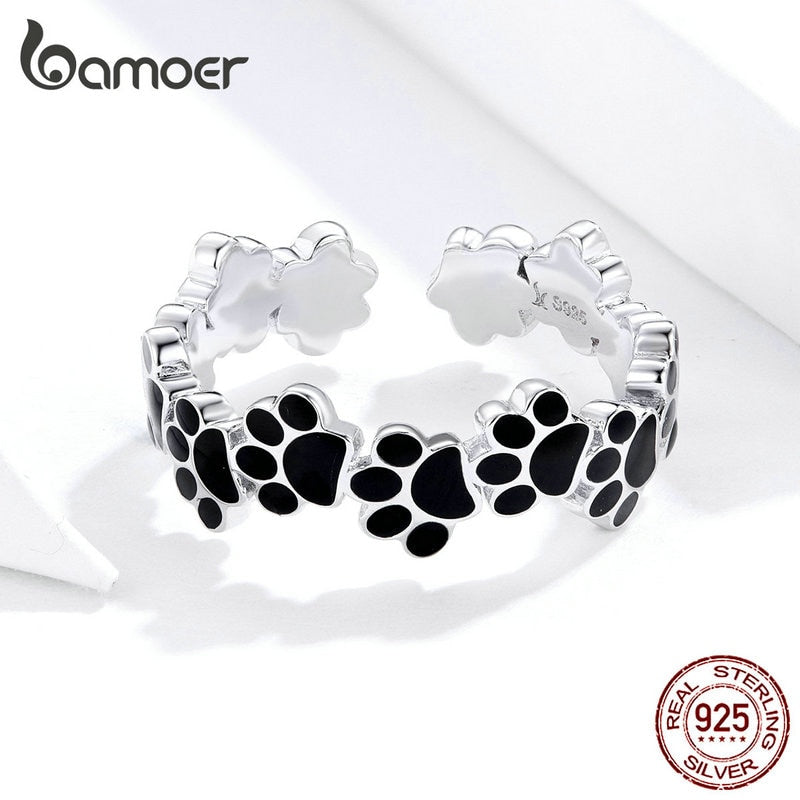 925 Sterling Silver Black Enamel Puppy Paw Ring for Unisex