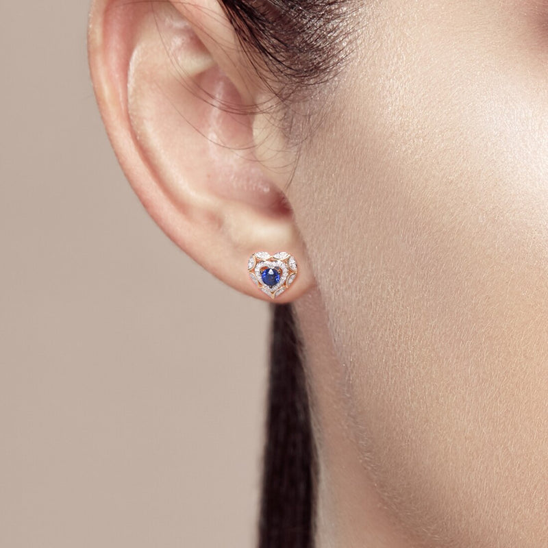 14K Yellow Gold Blue Sapphire Diamond Heart Stud Earrings for Women