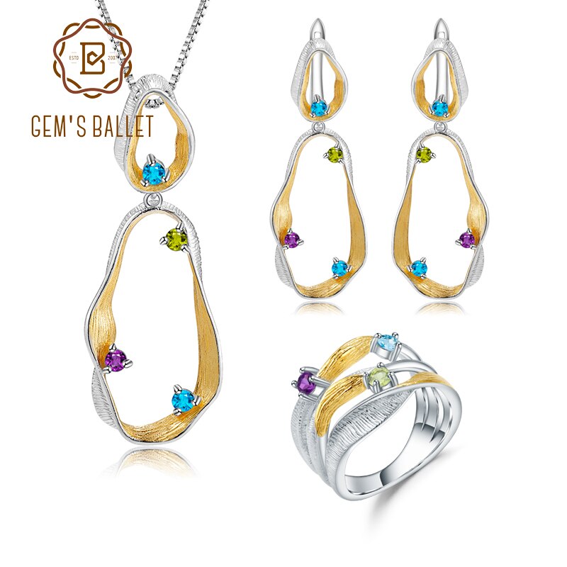 GEMS BALLET 925 Sterling Silver Natural Amethyst Topaz Peridot Twist Ring Earrings & Pendant Jewelry Set