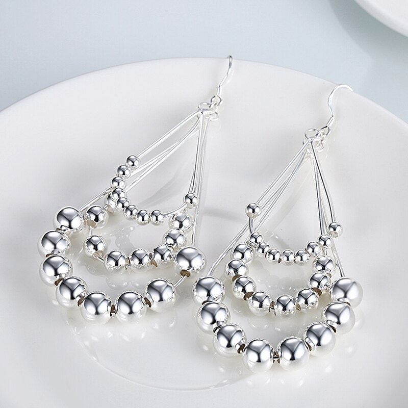 2020 New 925 Sterling Silver Layered Smooth Bead Long Hanging Earring For Women Wedding Fashion Jewelry