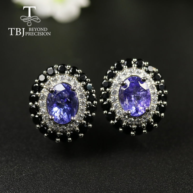 TBJ 925 sterling silver Natural 4ct Blue Tanzanite oval 7*9mm Clasp Earrings
