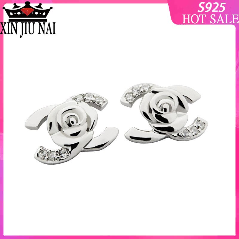 S925 Sterling Silver Shiny Zircon Letter C & Flower Stud Earrings