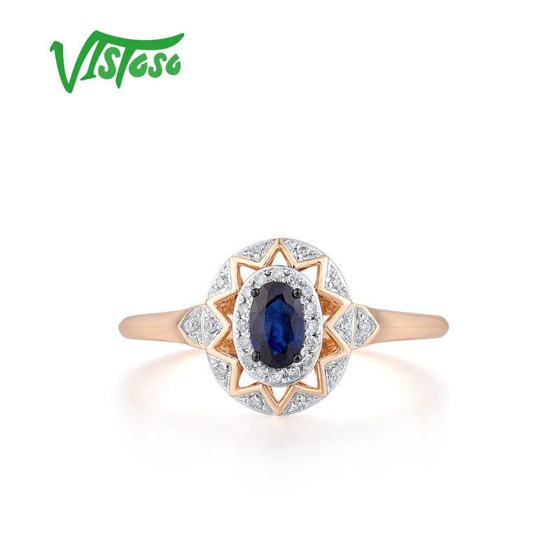 14K Rose Gold Oval Blue Sapphire Diamond Ring for Women